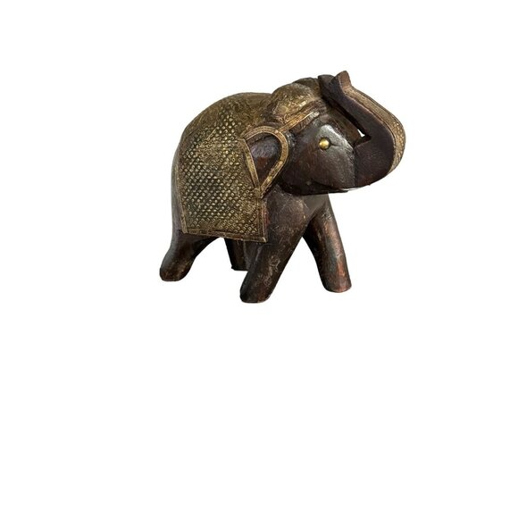 Hand Carved Wooden Elephant Brass Metal blanket Nails for Tusks Brass Metal Eyes - Picture 3 of 11